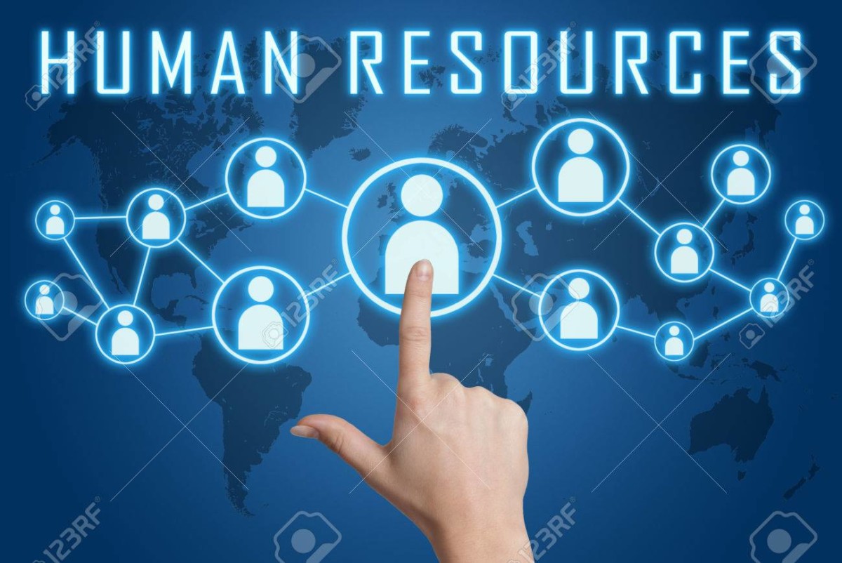 29515381 human resources concept with hand pressing social icons on blue world map background